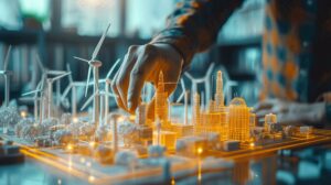 A team of engineers designs innovative solutions for renewable energy production, holographic projection, Green energy concept.