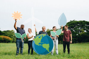 Cheerful people with energy conservation icons